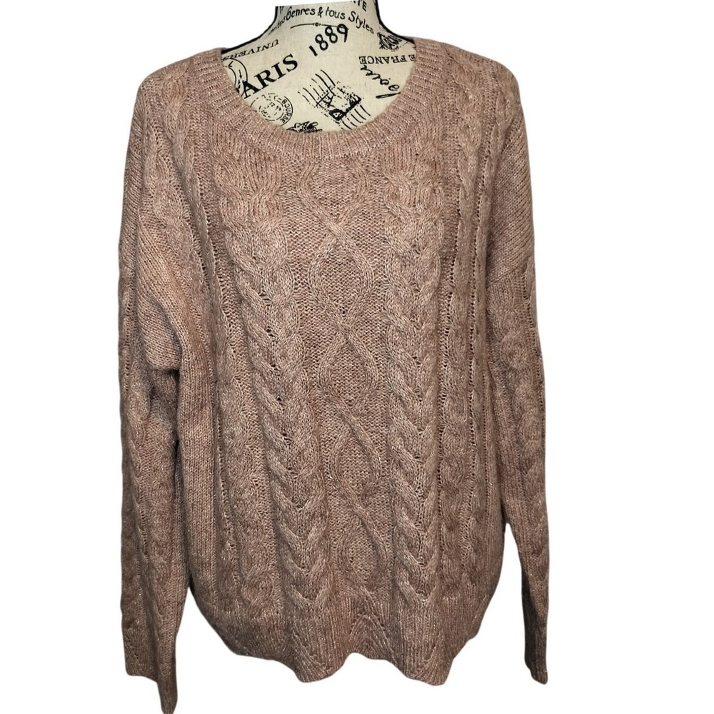 NEW Lucky‎ Brand Women's L Pink Cable Knit Sweater Sparkle Metallic Crew Neck